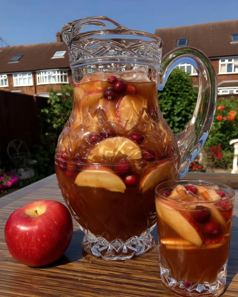 Apple cider sangria in a clear pitcher with fall fruit