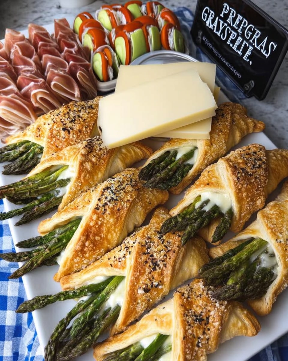 Asparagus Puff Pastry Bundles 10 Close-up of asparagus puff pastry bundles with golden-brown pastry and melted cheese