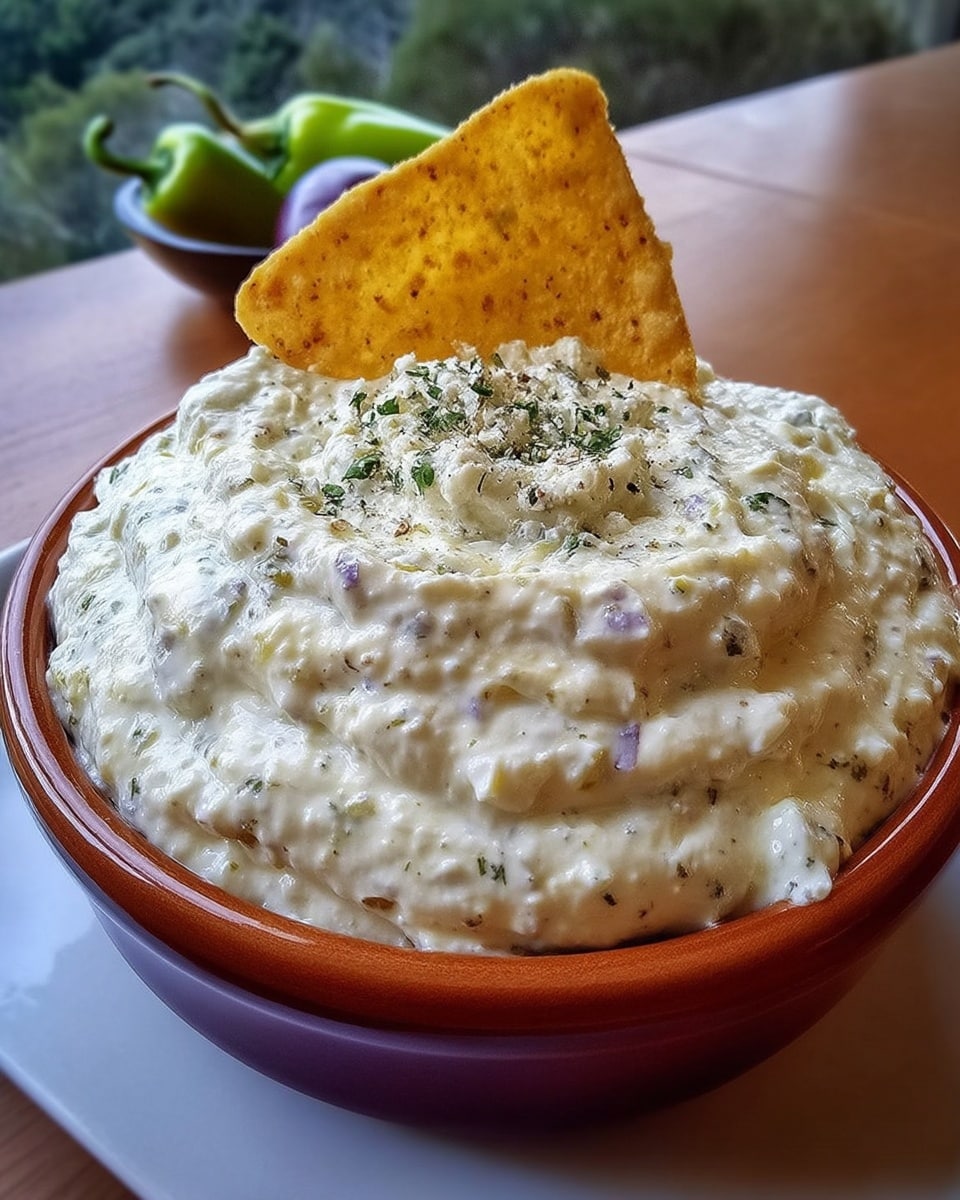 Creamy jalapeño dip in white bowl with tortilla chips