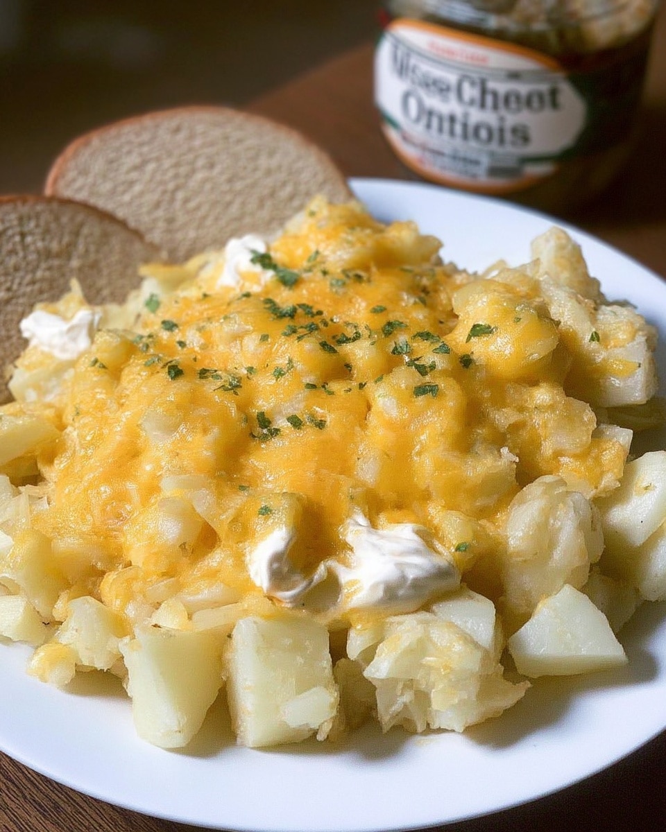 Crockpot cheesy potatoes served in a white slow cooker