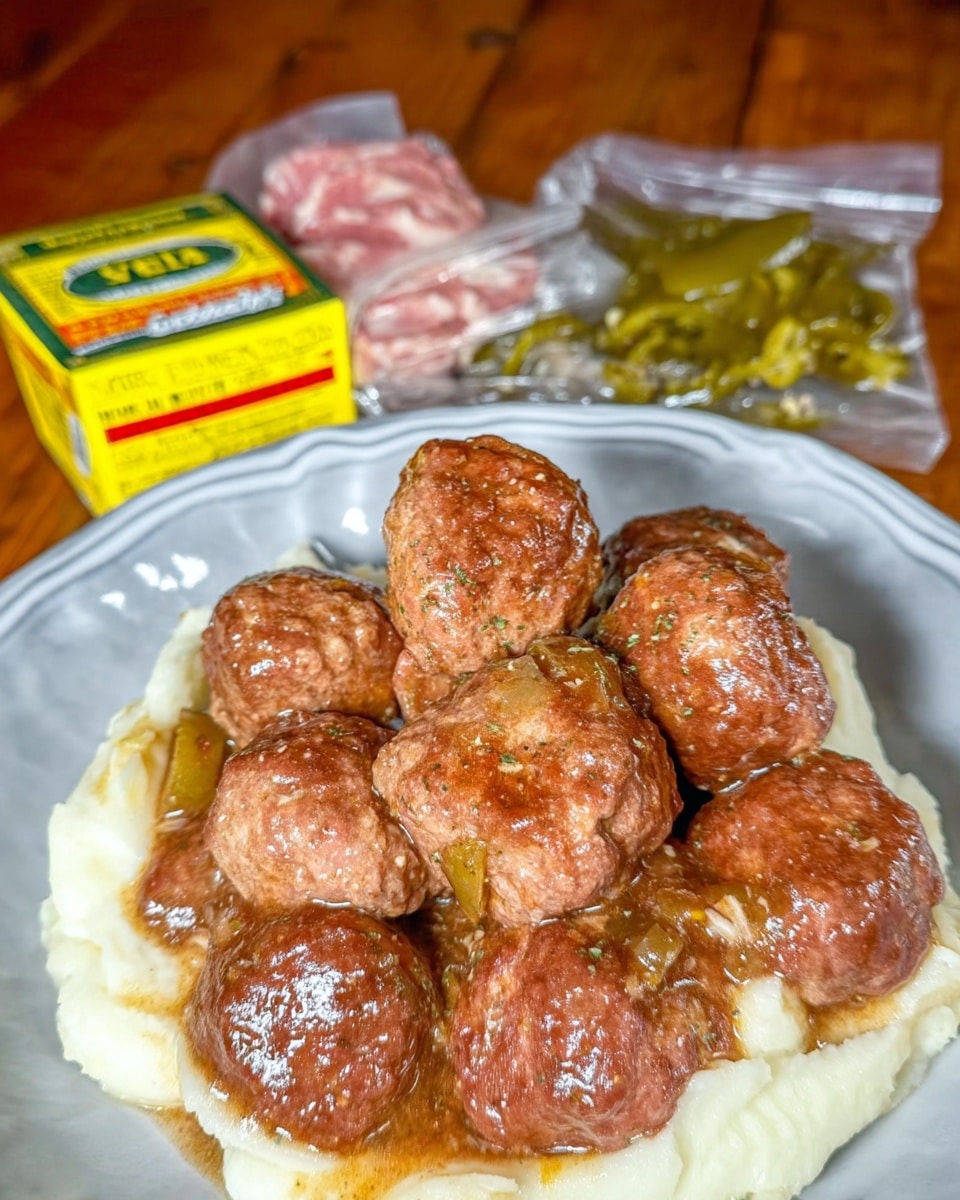Crockpot Mississippi Meatballs in tangy gravy with pepperoncini