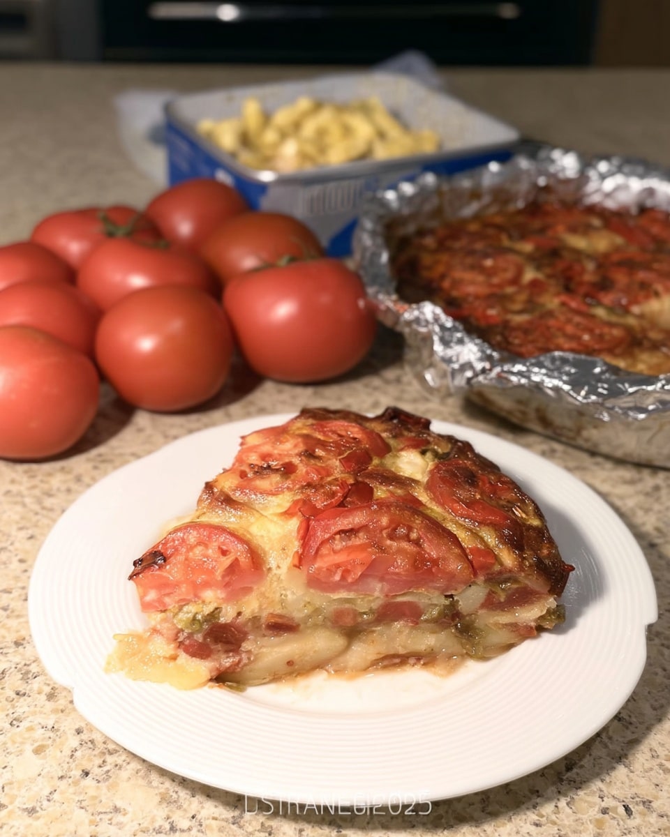 Crustless tomato pie on a white plate with golden cheese