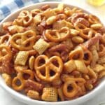 Fall Chex Mix Recipes 7 Fall Chex Mix in a rustic bowl with autumn leaves