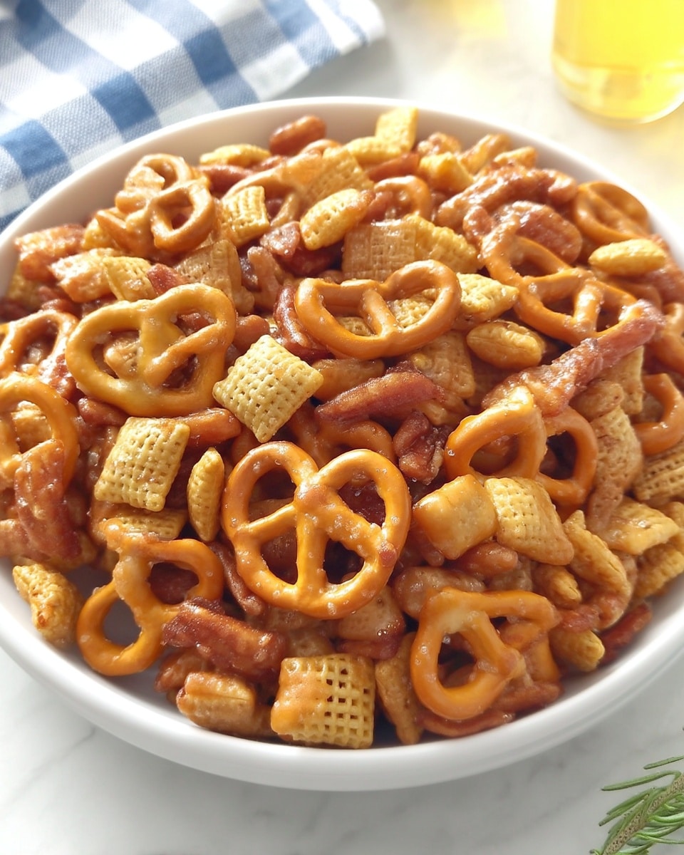 Fall Chex Mix in a rustic bowl with autumn leaves