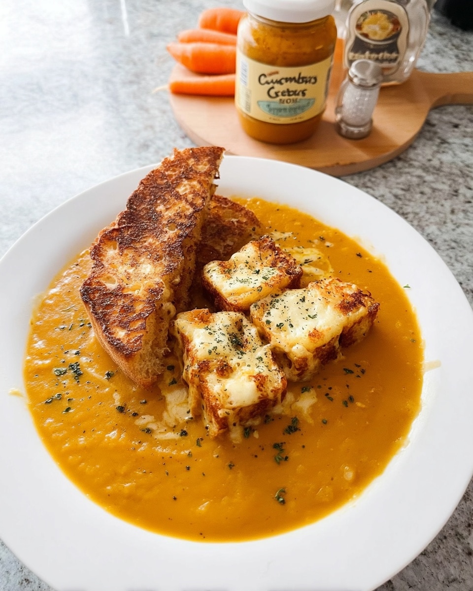 Bowl of pumpkin soup with grilled cheese croutons for fall cooking recipes