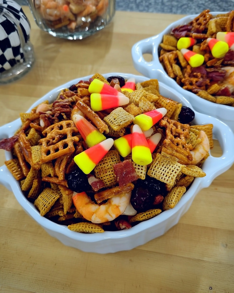 Fall snack mixes in a wooden harvest bowl with candy corn and pretzels