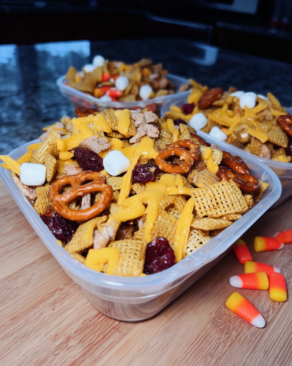 crisp leaves crunching 9 Mason jars filled with fall snack mixes tied with twine