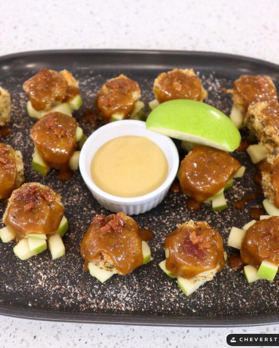 Fall snacks with caramel apple bites on a white tray