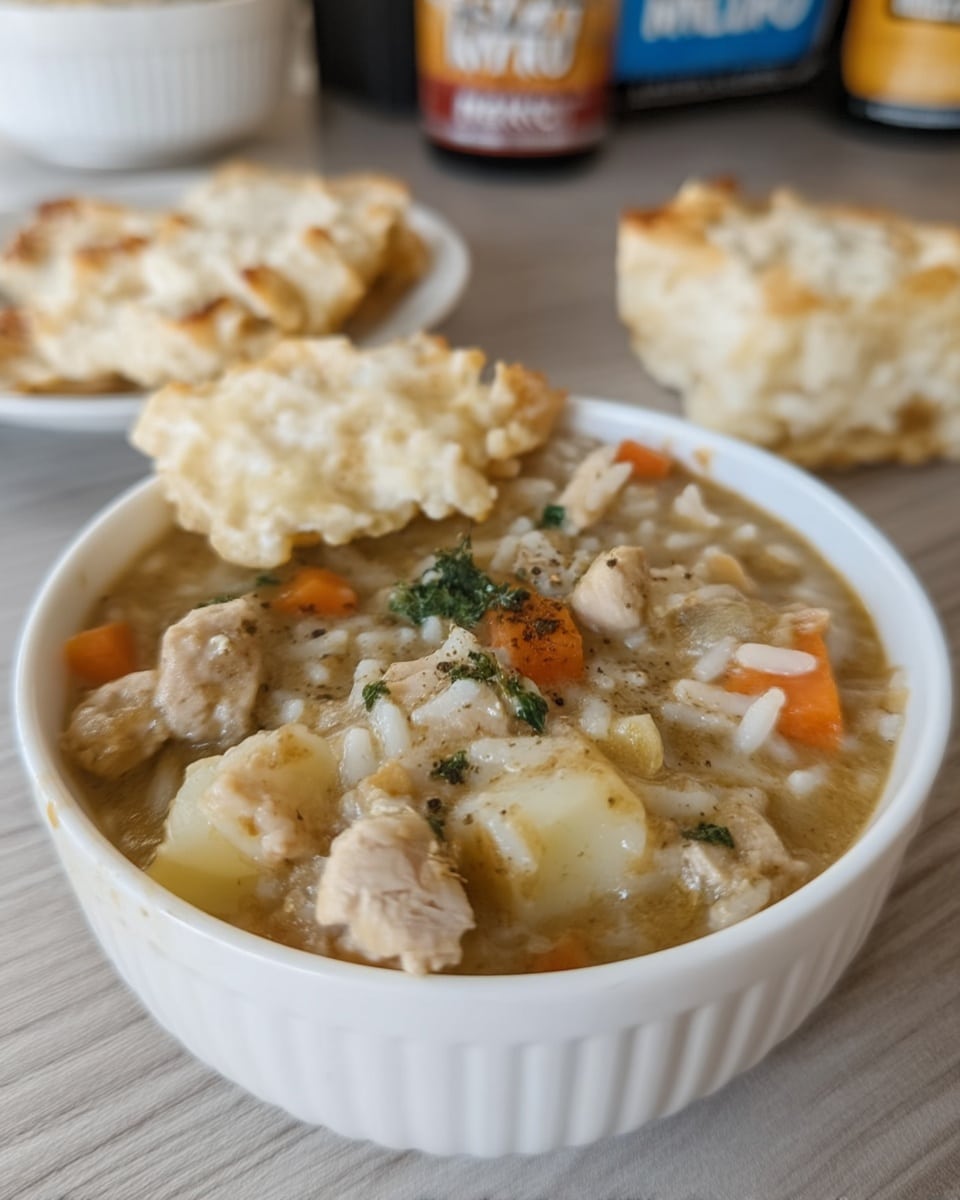 Bowl of creamy chicken and rice soup for fall soups and stews