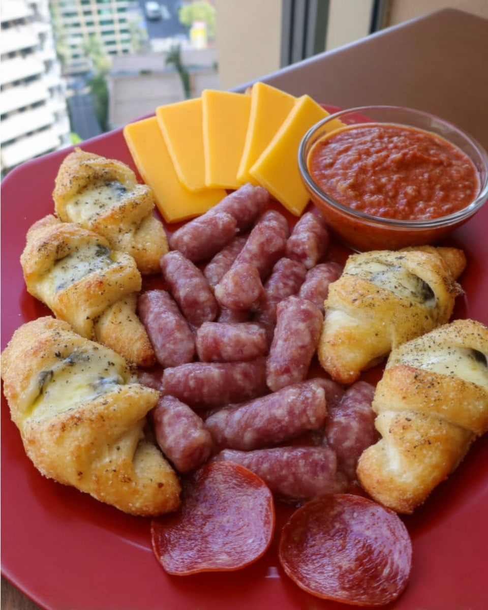 Pepperoni Pizza Crescent Rolls 10 Hand holding football appetizer roll with cheese pull