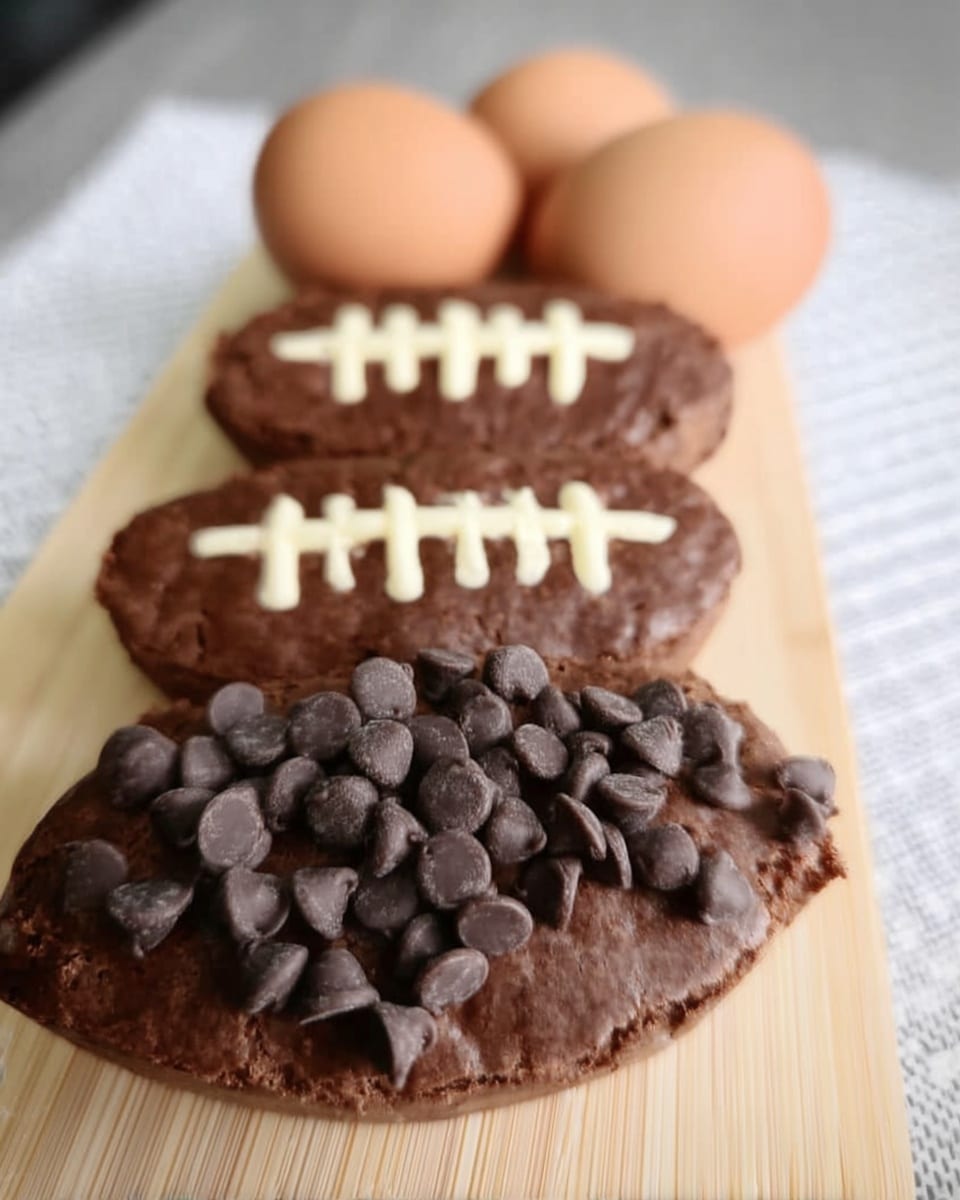 Close-up of chocolate ganache being poured on football brownies
