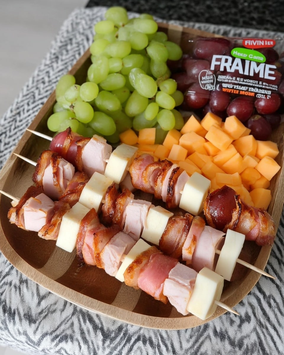 Healthy school snacks with kabobs of meat, cheese, and grapes