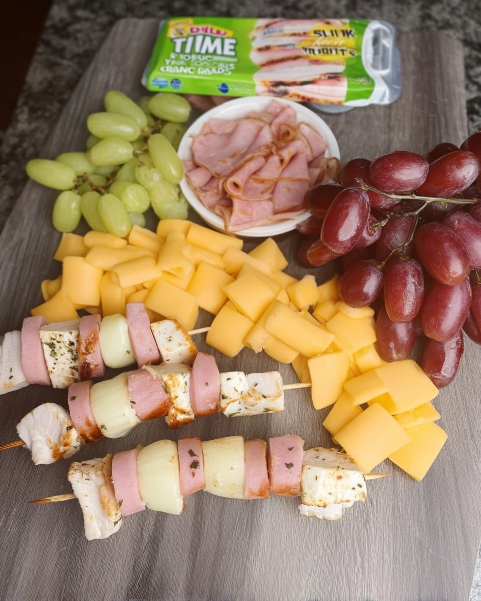 Close-up of healthy school snacks kabob with cheese and fruit