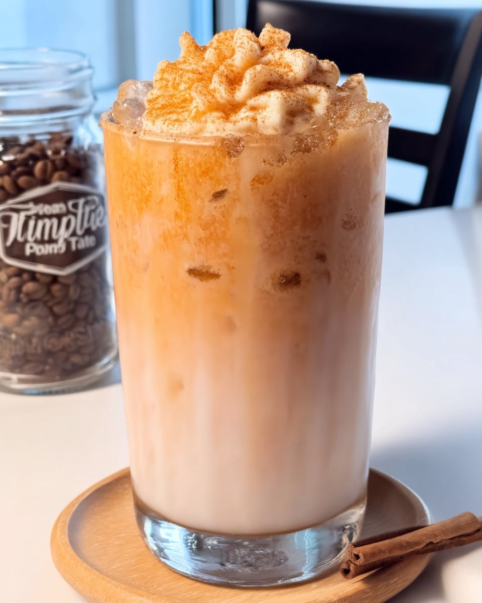 Iced Pumpkin Chai Tea Latte in glass with thick pumpkin cold foam