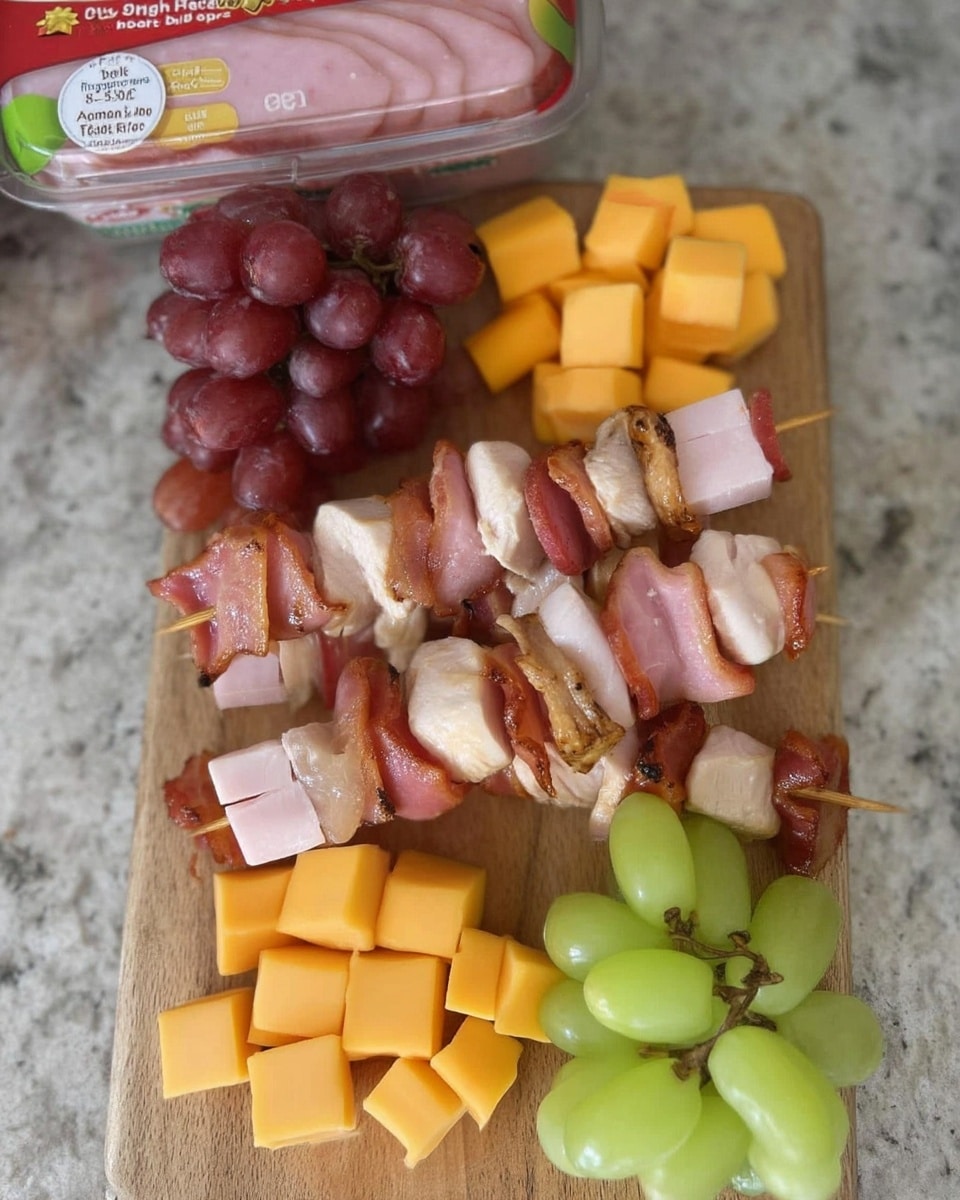 Skewers with turkey, grapes, and cheese for school snack