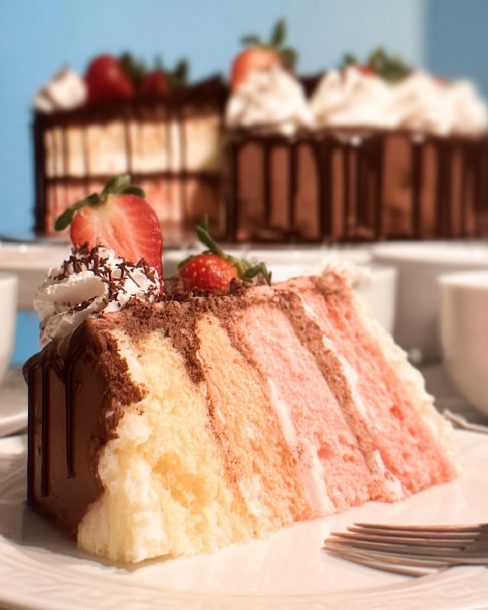 Neapolitan cake with chocolate, vanilla, and strawberry buttercream