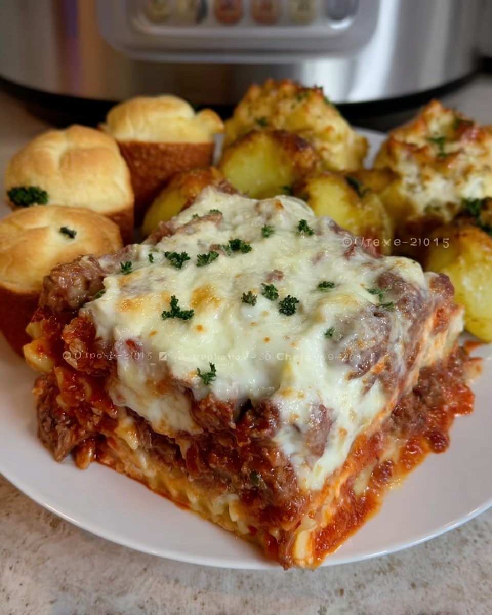 Potluck Dishes Crockpot Bowtie Lasagna 10 Overhead shot of crockpot lasagna with garnish