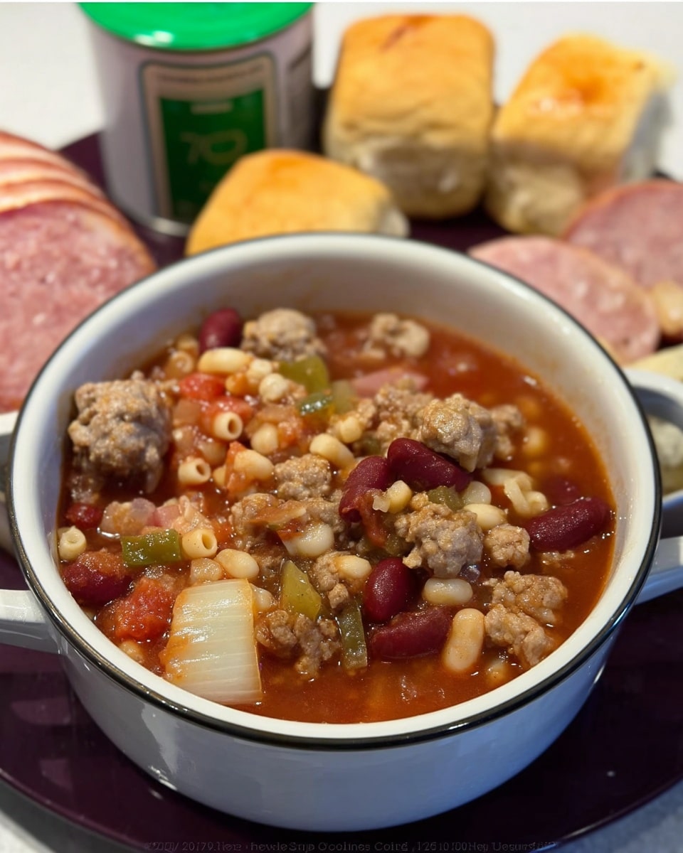 Pasta e Fagioli Soup in a white bowl with herbs and bread