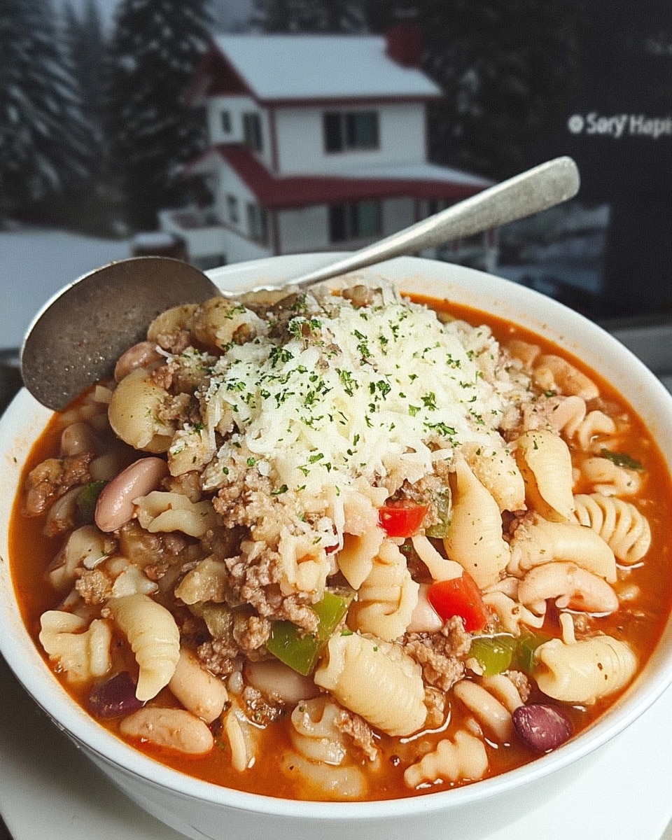 Pasta E Fagioli Soup 8 Close-up of Pasta E Fagioli Soup topped with grated Parmesan