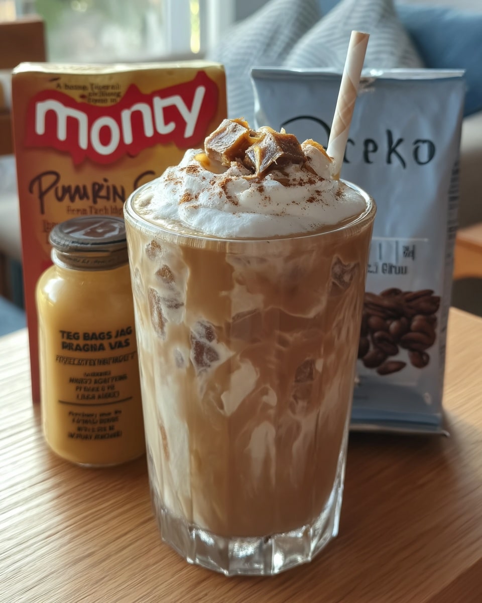 Pumpkin chai latte in a tall iced glass with whipped cream
