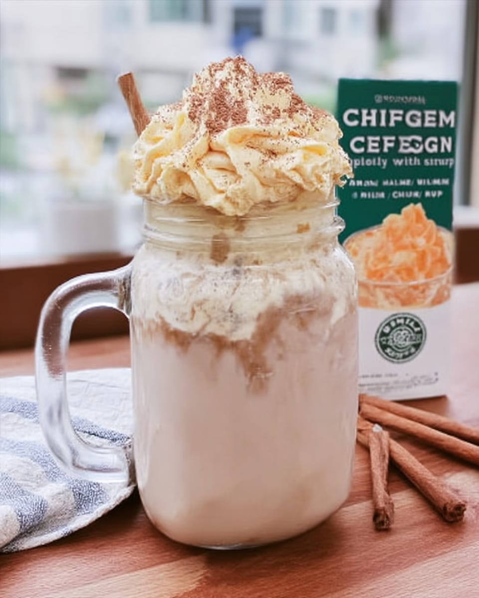 Pumpkin Cold Foam Recipe over iced chai in clear glass