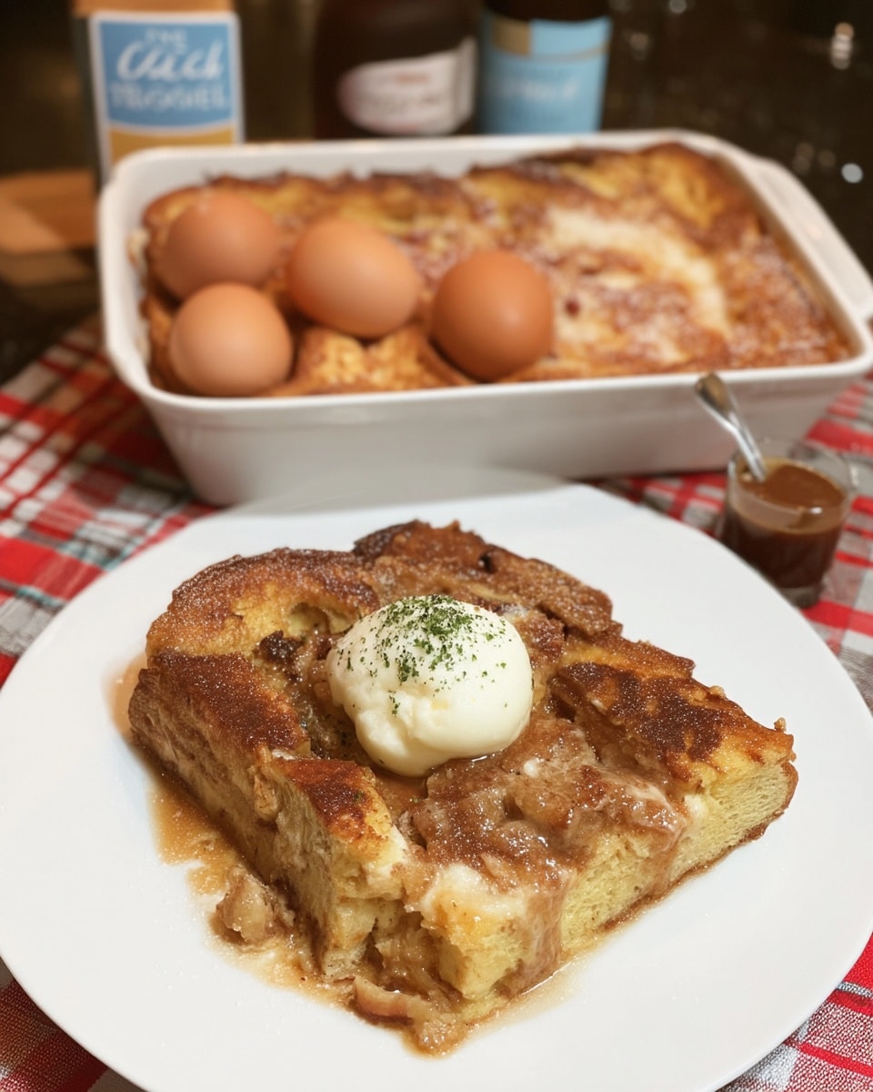 Pumpkin french toast casserole on rustic wooden table