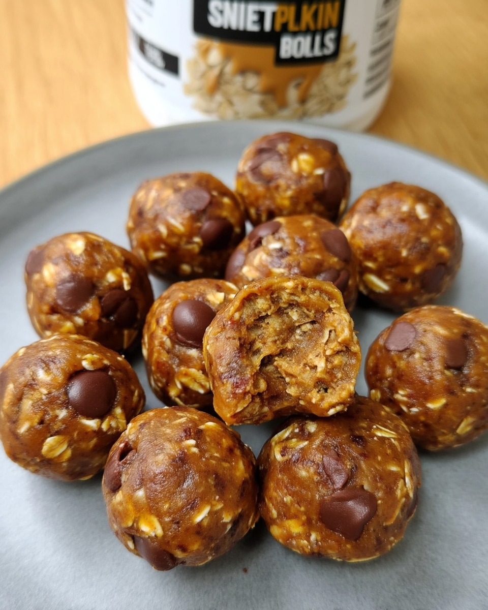 Pumpkin Spice Protein Balls on rustic plate with oats and maple drizzle