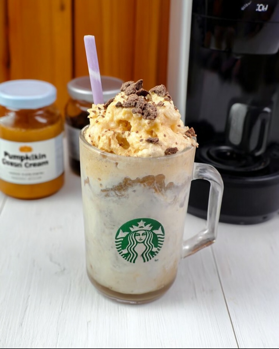 Pumpkin Cold Foam Recipe 10 Overhead swirl of Pumpkin Cold Foam Recipe on glass of chai