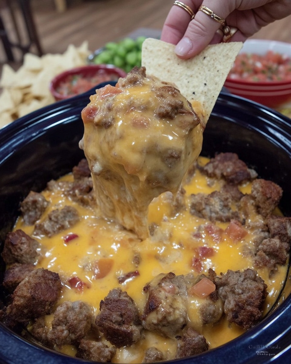 Rotel Dip With Sausage bubbling in crock pot with tortilla chips