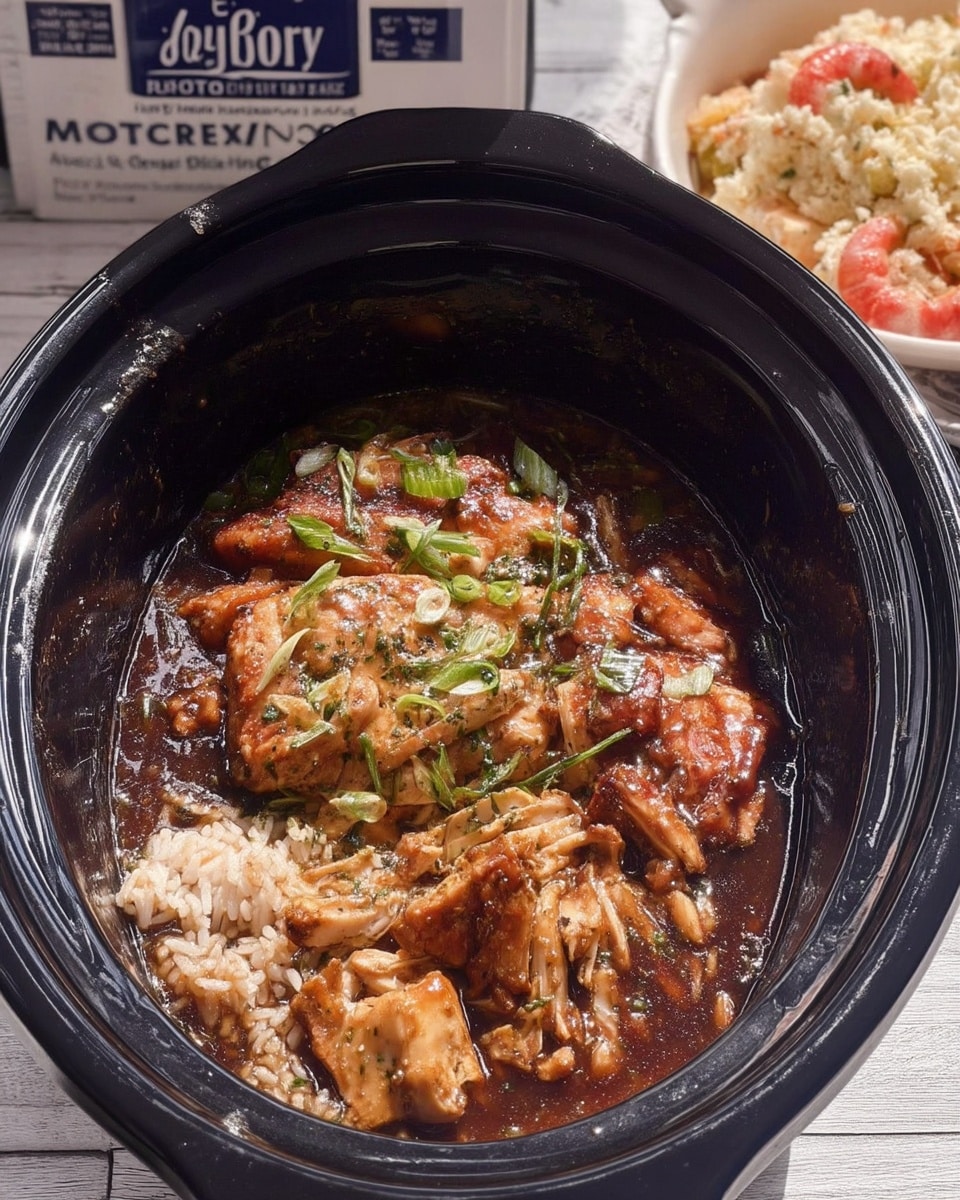 Crock Pot Bourbon Chicken 9 Shredded bourbon chicken in crockpot bubbling in thick sauce