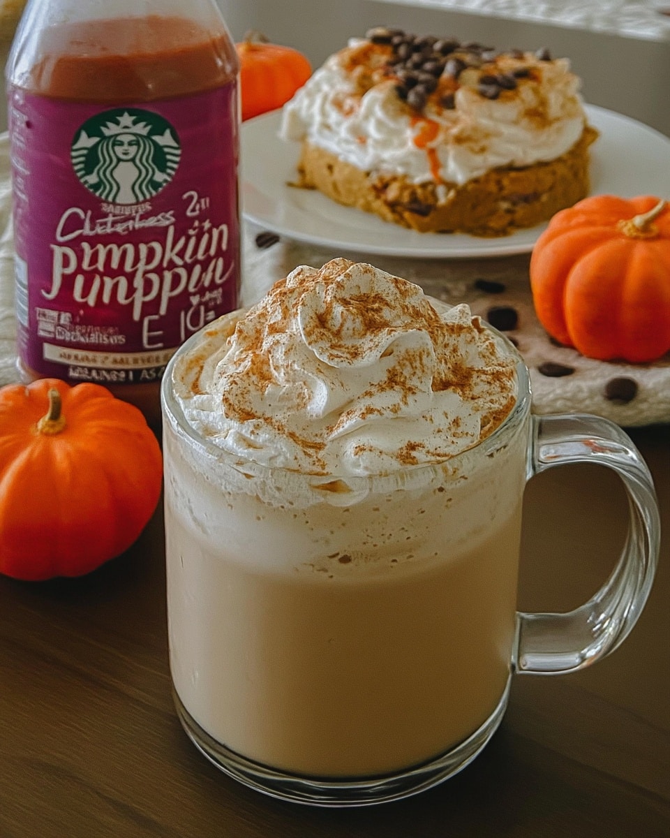 Starbucks Pumpkin Spice Latte Recipe in glass mug with cinnamon stick