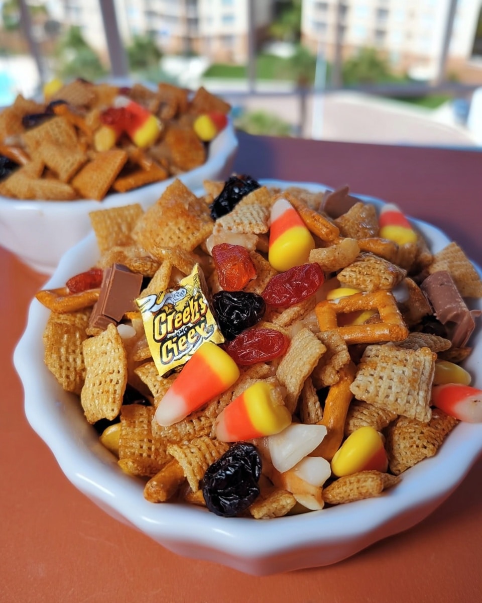 crisp leaves crunching 8 Close-up of fall snack mixes with chocolate chips and Reese’s Pieces