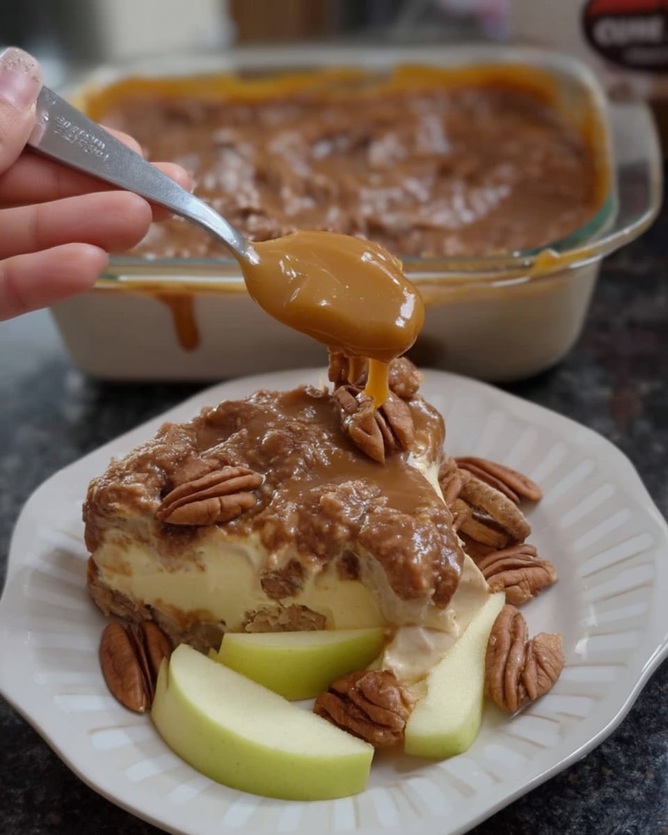 Close-up of caramel cheesecake dip with pecan topping