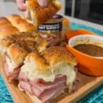 Tailgate Snacks 7 Ham and cheese sliders for tailgate snacks on white platter