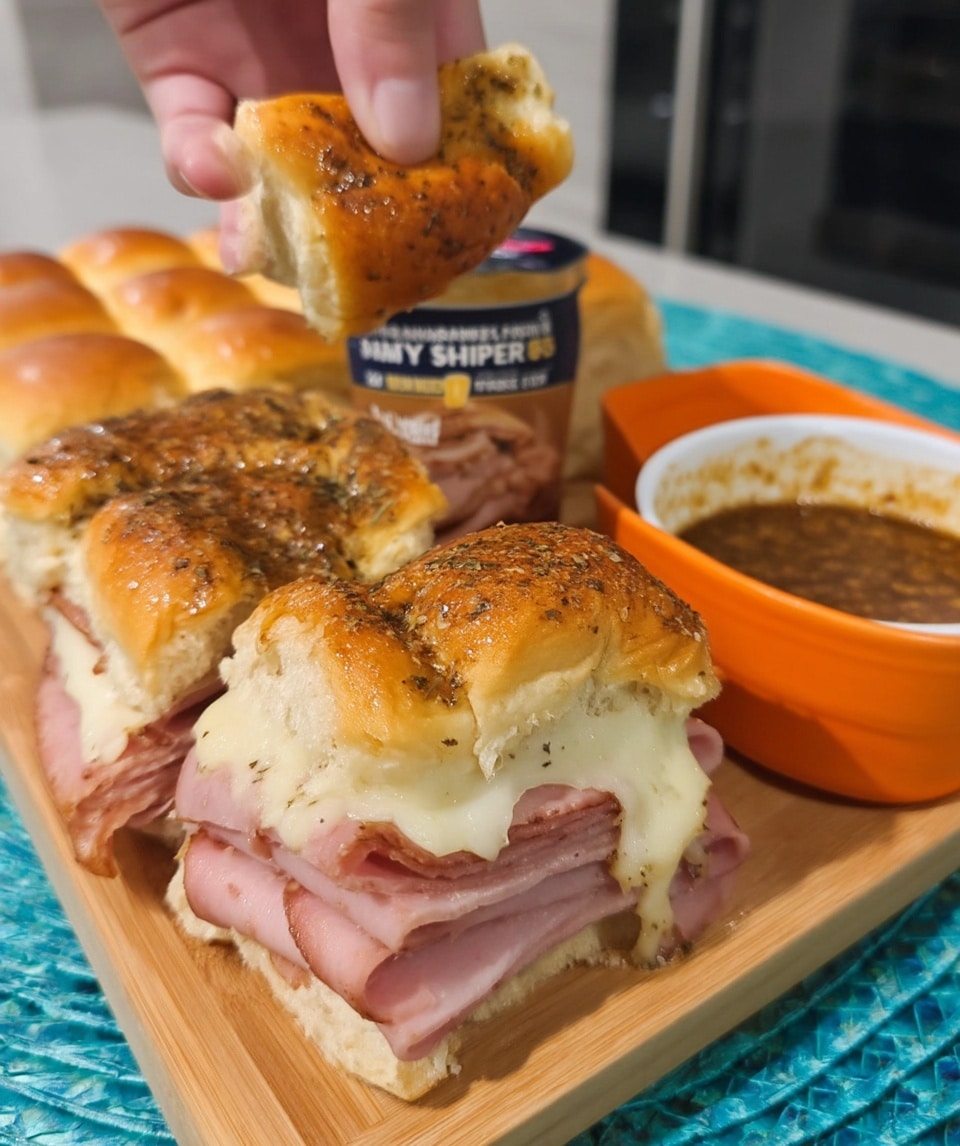 Ham and cheese sliders for tailgate snacks on white platter