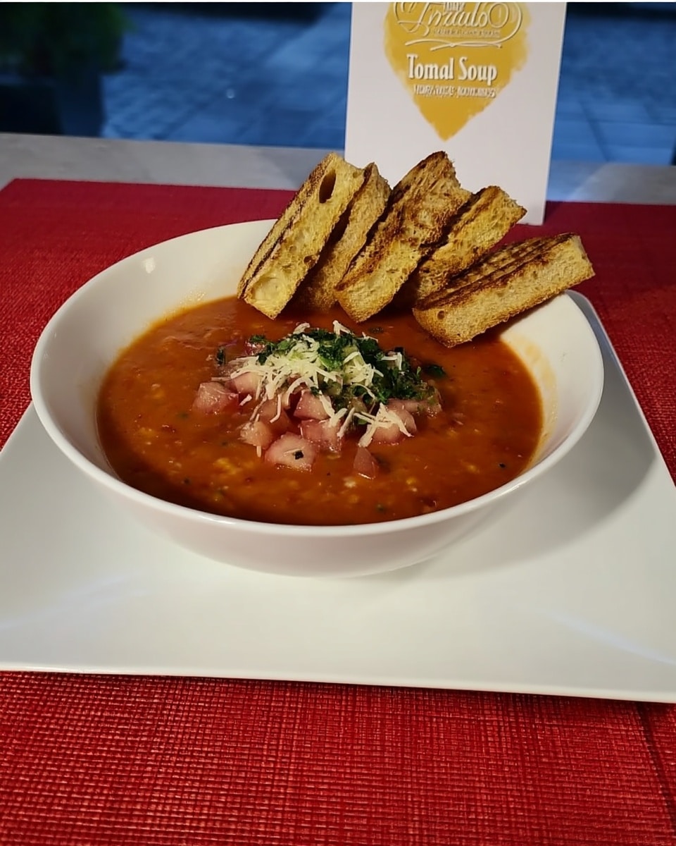 Tomato soup with fresh tomatoes served in white bowl with basil