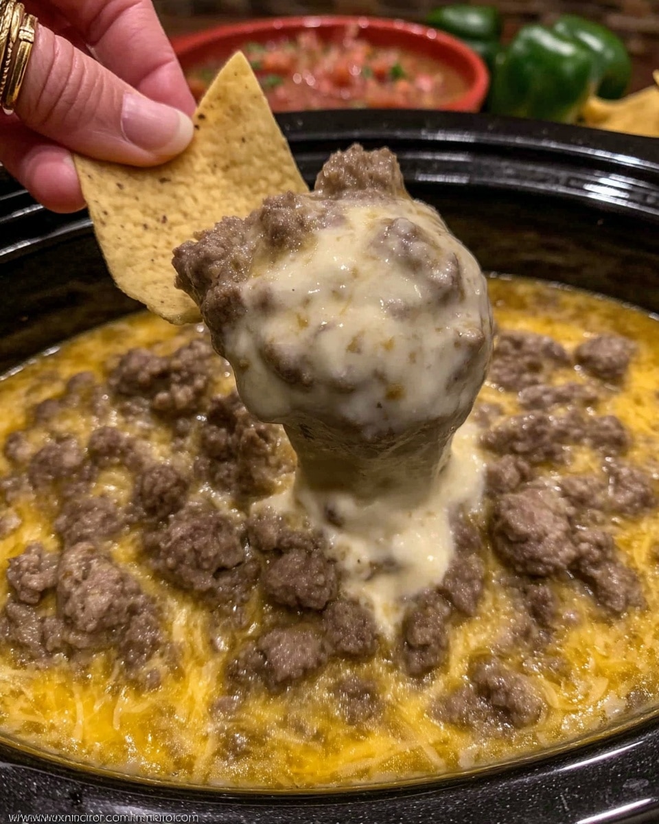Hand scooping Rotel Dip With Sausage with tortilla chip