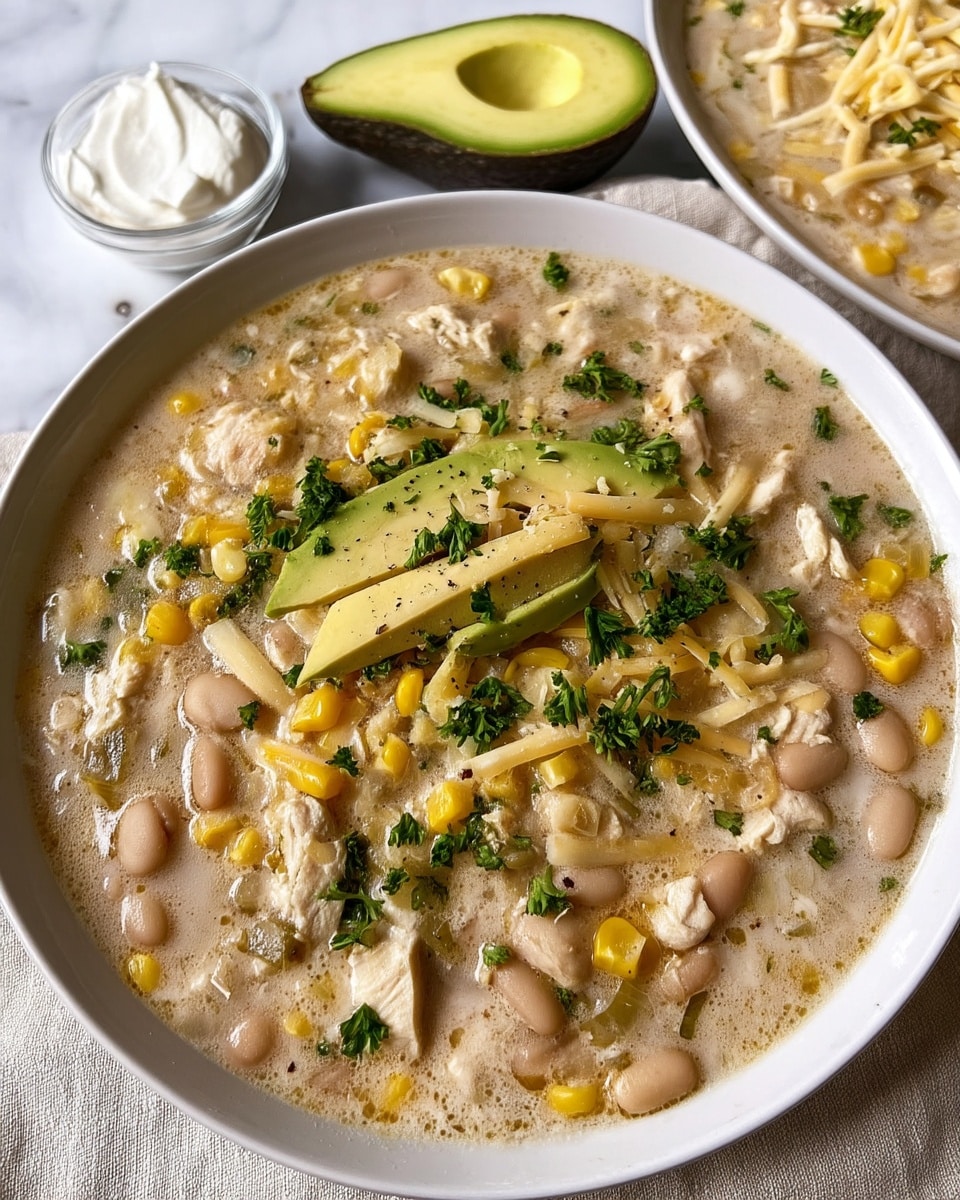 White chili chicken recipe in a cream-colored soup bowl with cilantro garnish