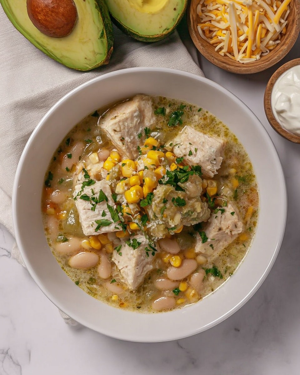 White Chili Chicken Recipe 8 Pot of white chili chicken simmering with chicken, corn, and beans
