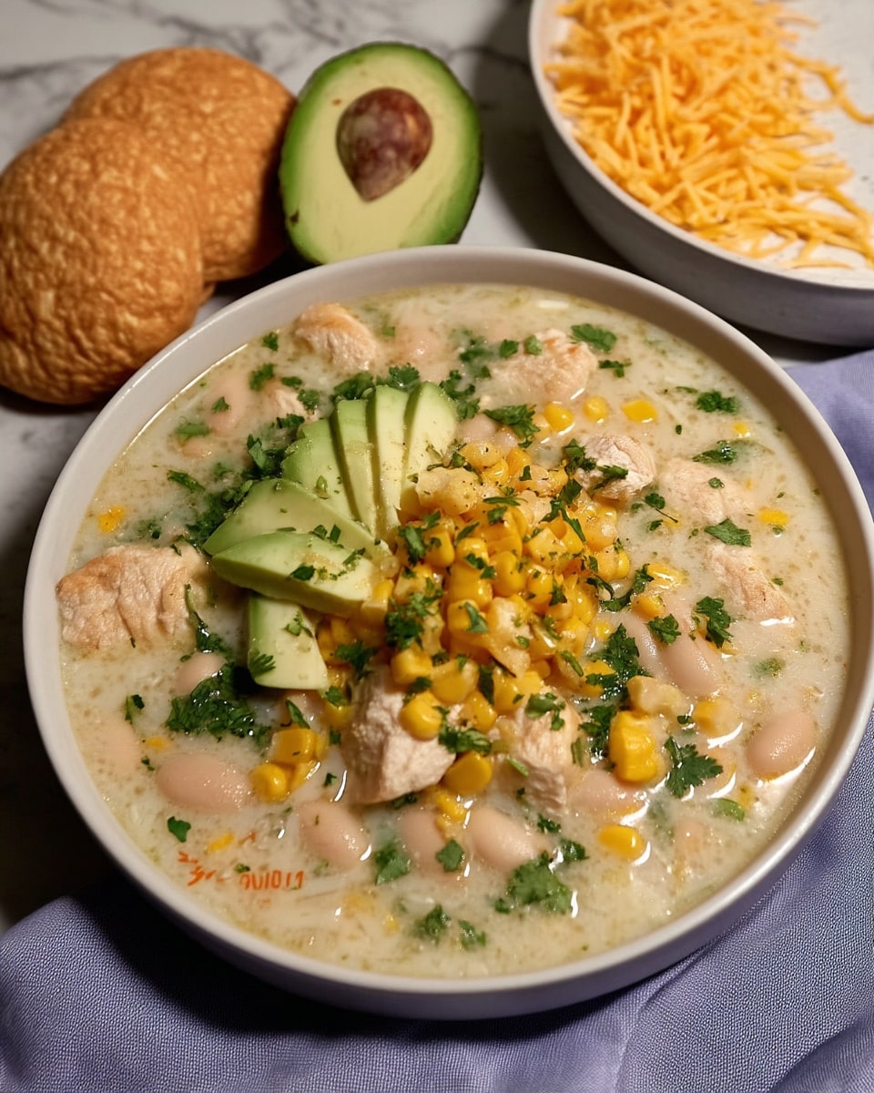 White Chili Chicken Recipe 9 White chili chicken topped with cheese, avocado, and tortilla strips