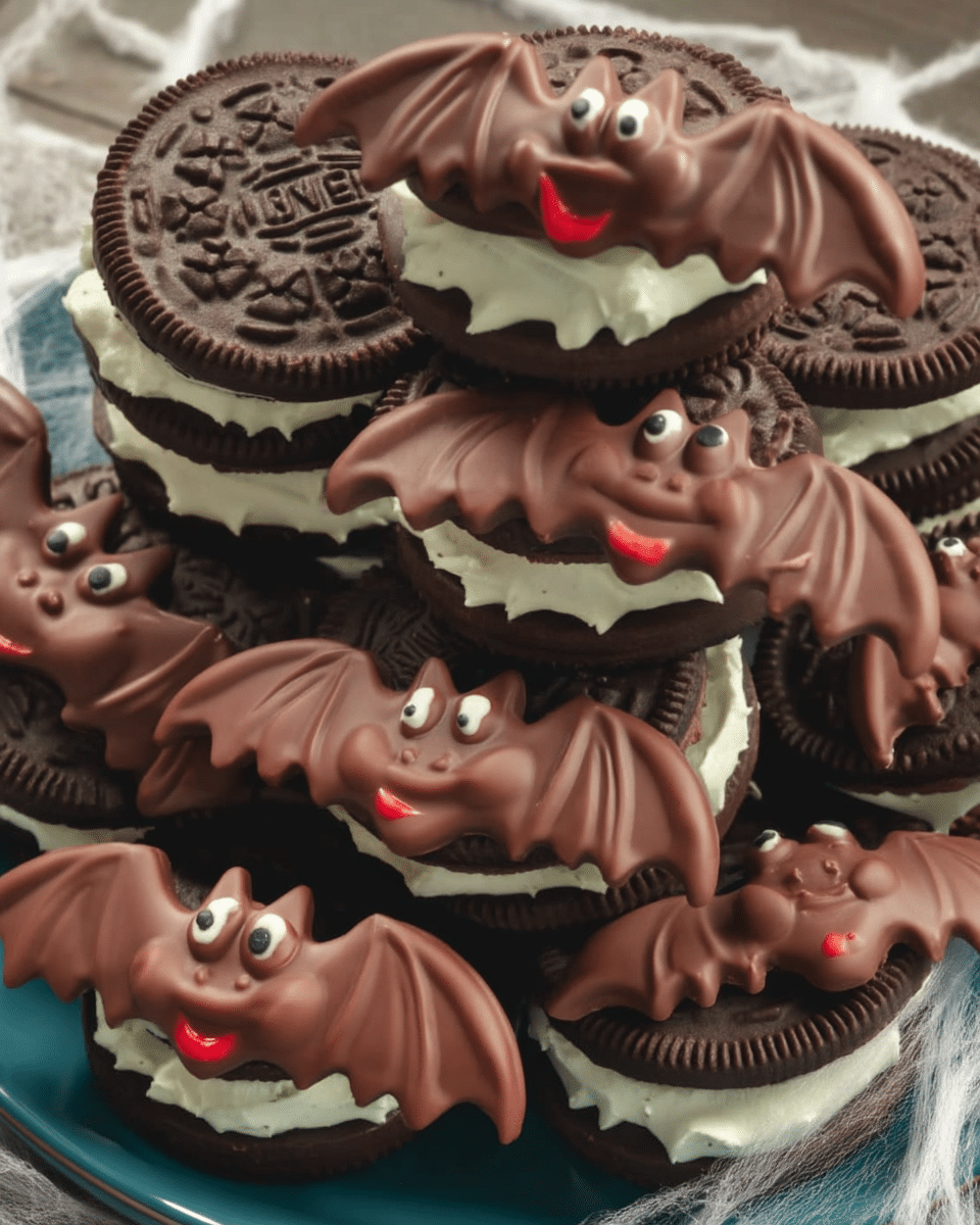 Bat Oreos 10 Bat Oreos arranged on a platter with Halloween decorations in the background.