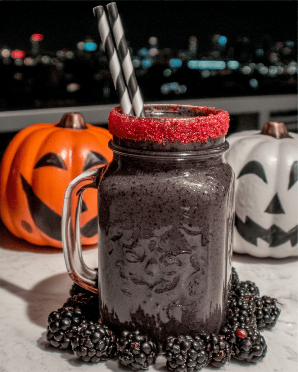 Bloody Berry Smoothie in a glass with a red sugar rim