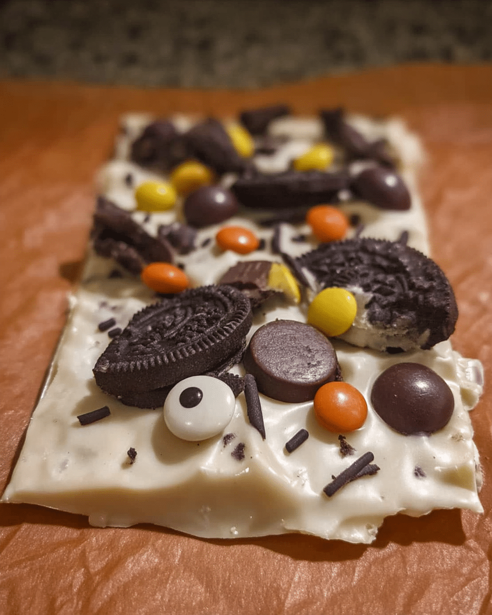 A hand breaking a piece of Chocolate Halloween Oreo Bark.