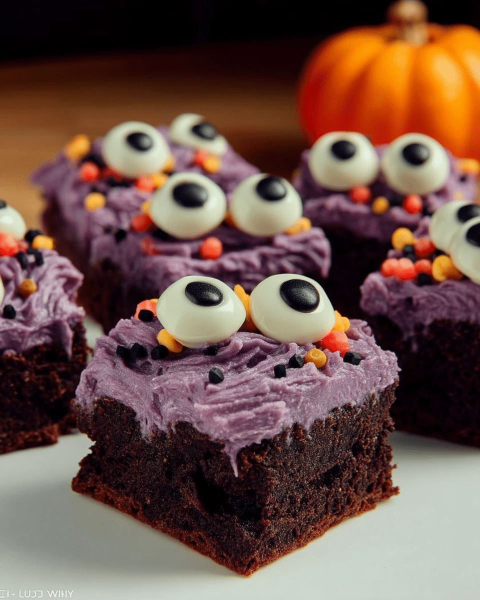 Monster Mash Brownies served on a plate with a glass of milk.