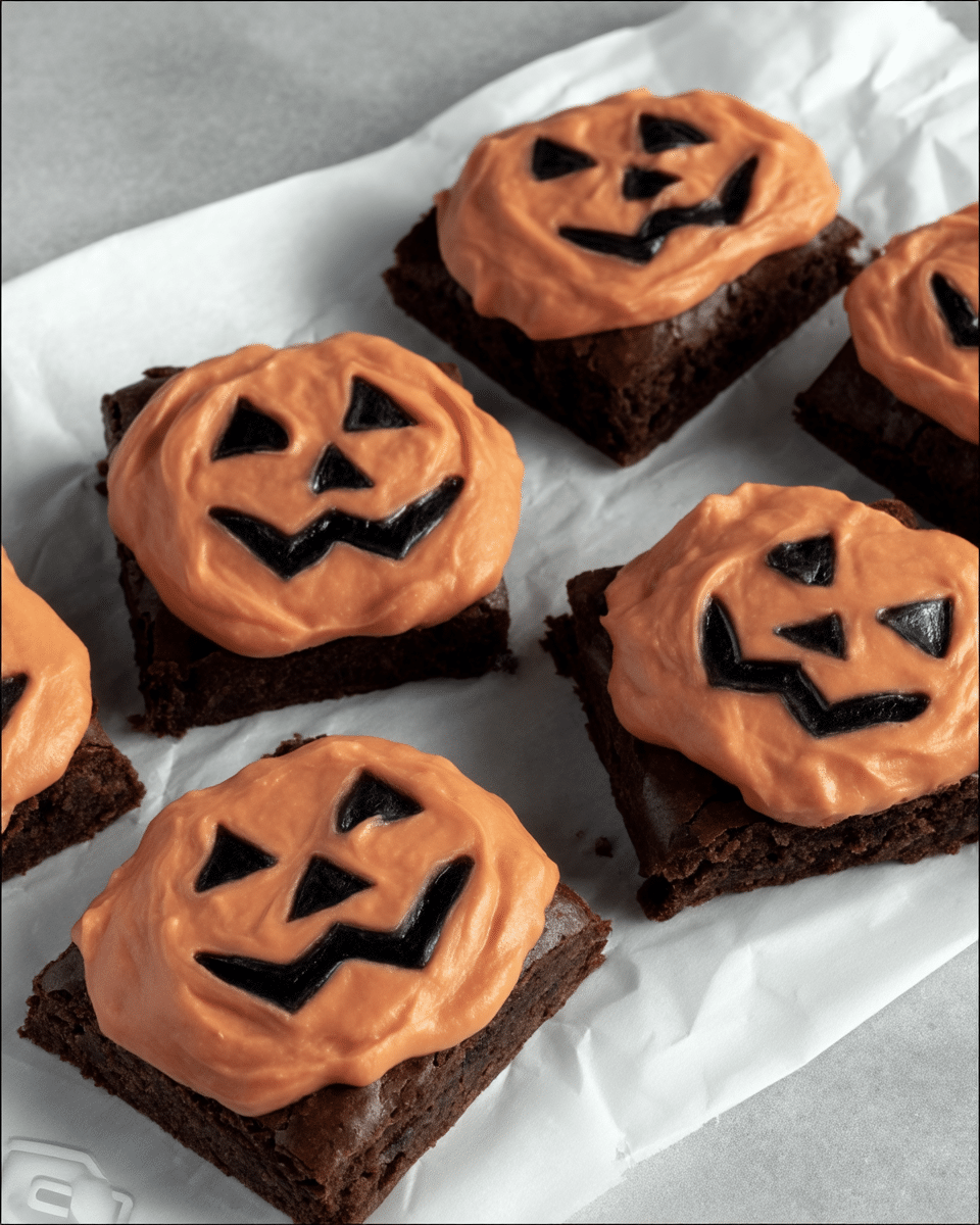 Jack-O’-Lantern Brownies 10 Jack-o-Lantern Brownies arranged on a platter