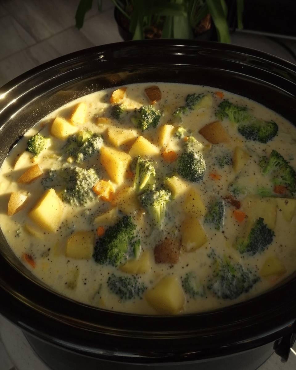 A bowl of creamy Cheddar Broccoli Potato Soup, garnished with fresh parsley.