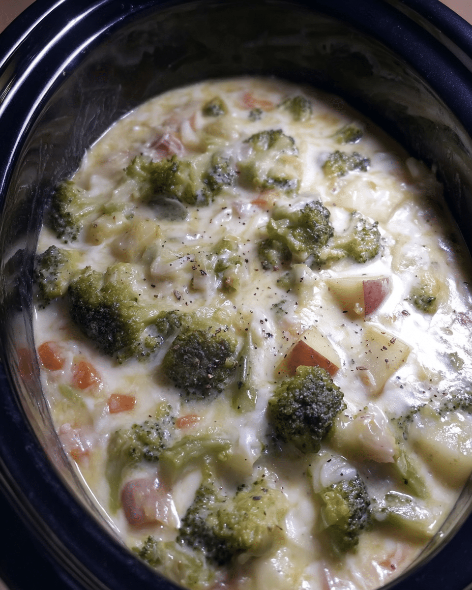 Cheddar Broccoli Potato Soup 9 A hand stirring a pot of Cheddar Broccoli Potato Soup on a stovetop.