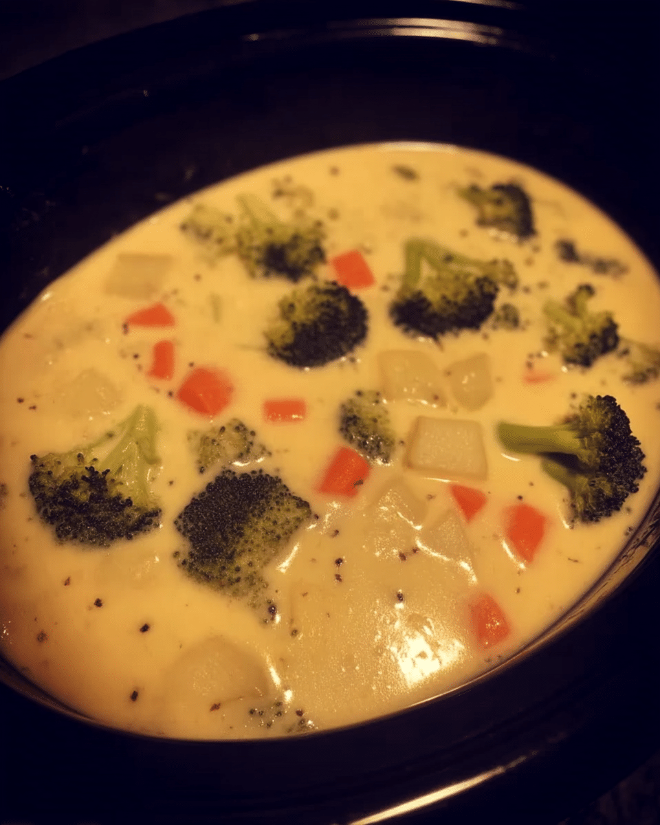 Cheddar Broccoli Potato Soup 8 Ingredients for Cheddar Broccoli Potato Soup arranged on a wooden table.