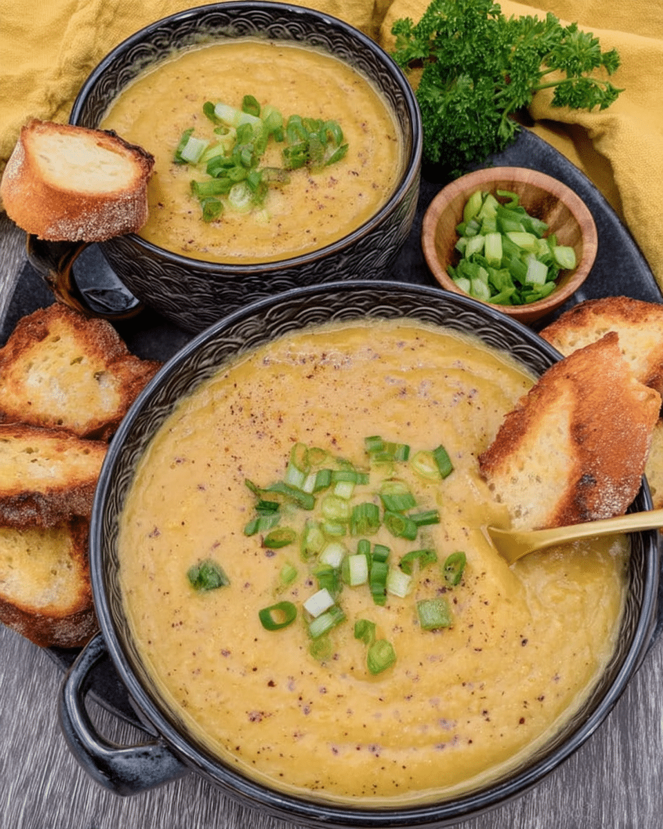 A bowl of hearty cheddar garlic herb potato soup garnished with bacon and chives.