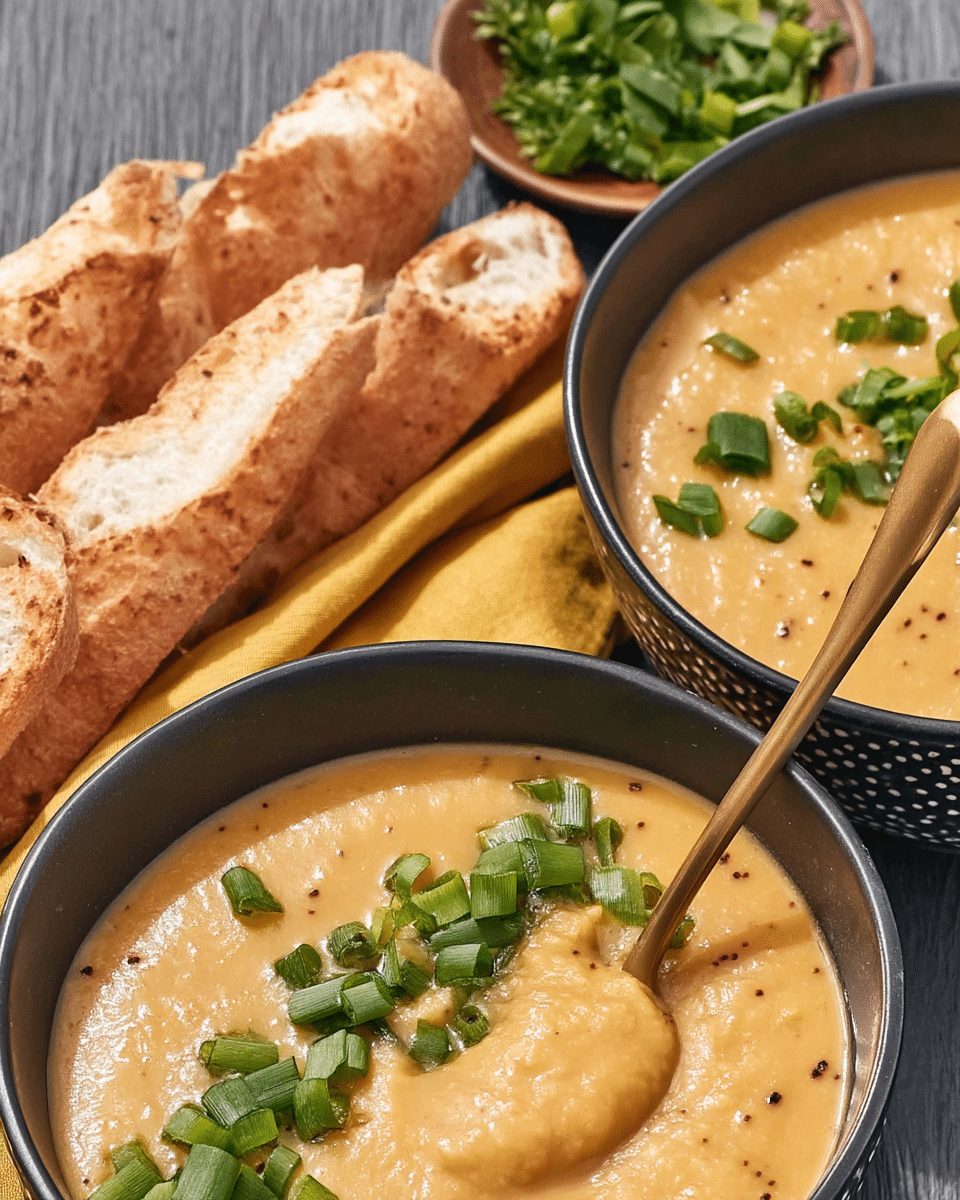 Hearty Cheddar Garlic Herb Potato Soup 10 A table setting with bowls of cheddar garlic herb potato soup and crusty bread.